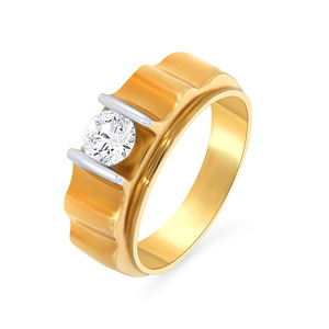 Wavy Vibes <b>Men</b> Solitaire <b>Ring</b> Classic Round Brilliant Solitaire Diamond <b>Ring</b> with Bold Wide Yellow Gold Band Premium Fine <b>Ring</b> - Product Image 1