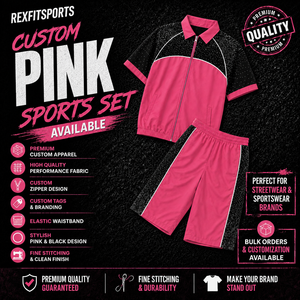 REXFIT SPORTS 2026 Ensemble de survêtement rose et noir personnalisé, veste zippée à manches courtes et short long, deux pièces, style streetwear - Product Image 1