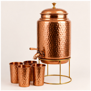Distributeur d'eau artisanal en cuivre pur avec support et 4 verres, réservoir Matka en cuivre martelé ayurvédique pour la maison et le bureau - Product Image 6