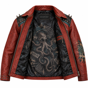 Red Mens Leather Coach Jacket Octopus DJ Graphic <b>Studded</b> Spiked Biker Coat Lapel Custom OEM ODM Factory Wholesale Manufacturer - Product Image 5