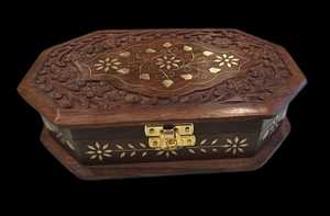Hand Carved Octagon Wood Jewelry <b>Box</b> with Intricate Brass Inlay <b>Floral</b> Design Uttarakhand Crafted for Christmas Holiday Storage - Product Image 4