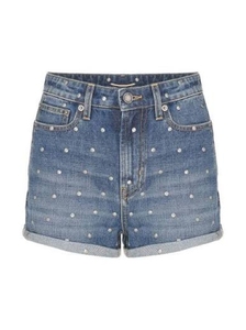 High Waist Denim Shorts With Star Applique <b>Patchwork</b> Design Distressed Hem Casual Women's Embellished Denim Shorts - Product Image 3