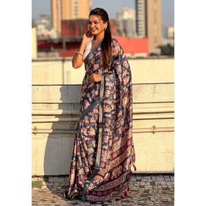 Sari en soie Tussar bleu foncé Elite Weaves imprimé avec bordure tissée en zari, écharpes et châles traditionnels 500g - Product Image 1