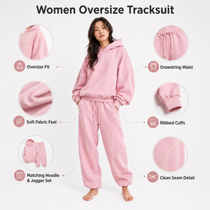 Women <b>Pink</b> Oversize <b>Tracksuit</b> Full Length Loose Fit Cotton Sweatshirt And Pants Set With Side Pockets And Drawstring Closure - Product Image 6
