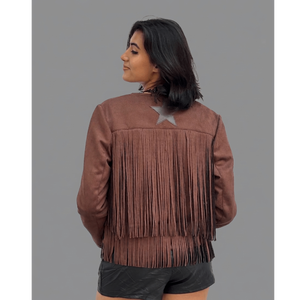 Womens Faux <b>Suede</b> Fringe <b>Jacket</b> & Studded Vegan Leather Shorts Set - Product Image 3