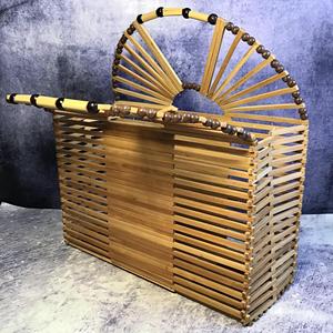 Vietnam Vintage Japanese <b>Collapsible</b> Bamboo Bead Handbag Mid Century Folding Wooden Slatted Expandable Tote Basket Bag Supplier - Product Image 5
