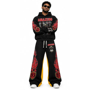 Ensemble de survêtement évasé délavé à l'acide avec fermeture éclair, 500 GSM, coupe droite, effet usé, comprenant un sweat à capuche et un pantalon de jogging pour homme - Product Image 4