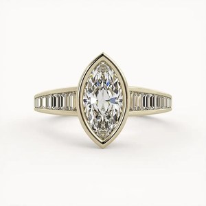 Bagues de fiançailles en diamant de laboratoire taille marquise avec baguettes latérales de 2-4 mm, sangle conique, sertissage en canal, or massif 14 carats, prix d'usine - Product Image 1