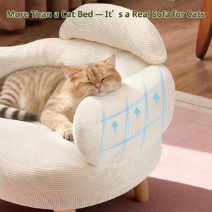 Lit pour animaux de compagnie de style canapé pour chat avec housse amovible en velours de coton, pieds en bois de pin massif, pour chats et petits chiens, blanc - Product Image 2