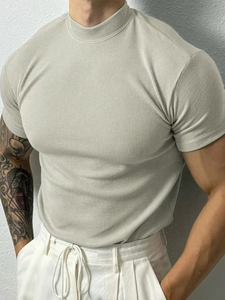 2025 Summer Men's Knitted Ribbed <b>Mock</b> <b>Neck</b> T-Shirt Oversized Muscle Short Sleeve Breathable Stretchy Formal Fitness Gym <b>Tops</b> - Product Image 5