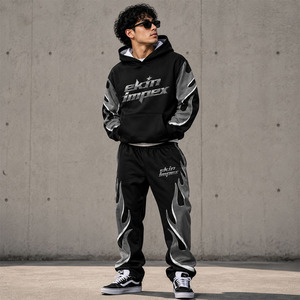 Conjunto de Sudadera con Capucha y Pantalones Deportivos Extra Grandes con Estampado de Llamas para Hombre, Ropa Deportiva de Felpa, OEM - Product Image 1