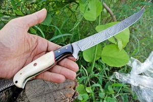 Couteau de chef Viking Art fait main pour le filetage, lame en acier Damas 3mm à bord plat, dos droit, manche en os et corne, 12 pouces, cuisine DIY - Product Image 3