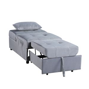 Moderna Panca Contenitore in Velluto Grigio Trapuntato con Sollevamento e Contenitore, in Legno Massello, Convertibile in Poltrona e Letto Estraibile, Arredamento Divano Letto - Product Image 5