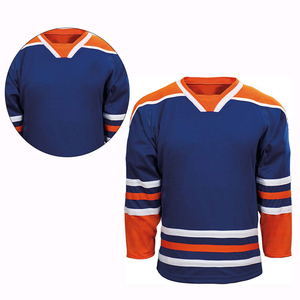 Maillot de hockey sur glace personnalisé pour homme, col en V, manches longues, sublimé, 100 % polyester, anti-humidité, rayures bleues, oranges et blanches - Product Image 5