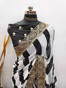 Sari en Georgette de Créateur Exclusif avec Blouse Élégante – Tenue de Soirée Ethnique Indienne Moderne et Chic pour Femme - Product Image 4