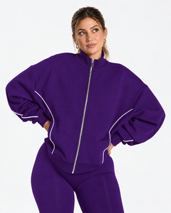Conjunto Deportivo de Dos Piezas para Mujer con Cremallera Completa y Líneas en Contraste: Chaqueta Relajada y Pantalones de Pierna Ancha a Juego - Product Image 3