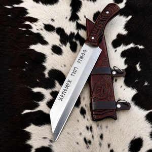 Couteau Viking Seax fait main en acier à haute teneur en carbone, lame fixe, couteau de survie et de chasse pour le bushcraft avec étui en cuir, vente en gros - Product Image 2