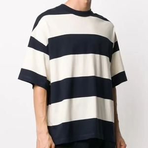 T-shirt rayé surdimensionné de qualité supérieure pour homme, coupe décontractée, manches courtes, coton, col rond, style urbain, rayures noires et blanches - Product Image 3