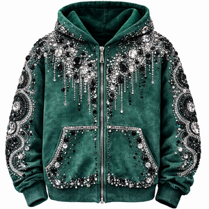 Luxury Rhinestone Zip Hoodie Heavy Crystal <b>Studded</b> Black Streetwear Premium Vintage Winter Oversized - Product Image 6