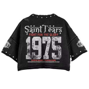 เสื้อยืดครอปทรงบ็อกซี่ผ้าฝ้าย 100% น้ำหนัก 220 กรัม สไตล์วินเทจประดับเพชรเทียมสำหรับผู้ชาย แขนสั้น กันยับ แห้งเร็ว - Product Image 6