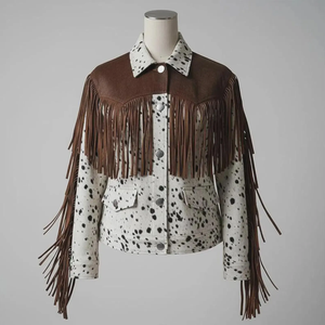 Chaqueta de Cuero Genuino para Mujer, Chaqueta Vaquera Occidental de Piel de Vaca Blanca con Flecos - Product Image 1