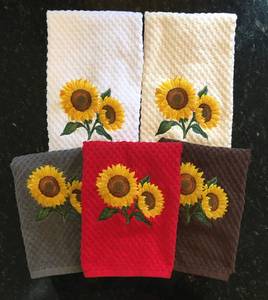 Paños de cocina bordados con diseño de girasol, en colores blanco, marfil, marrón, gris, rojo, negro, azul, rosa y azul marino, de algodón tipo gofre y felpa, para manos y platos. - Product Image 1