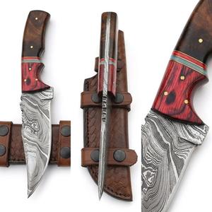 Couteau utilitaire d'extérieur personnalisé en acier Damas fait main, manche en bois de Pakka rouge et noyer, étui en cuir à double sangle, personnalisable OEM - Product Image 2