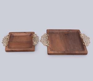 Plateau de service en bois avec poignées, plateau décoratif en bois pour en-cas, plateau en bois avec poignées métalliques, plateau de service de luxe, plateaux de rangement - Product Image 6