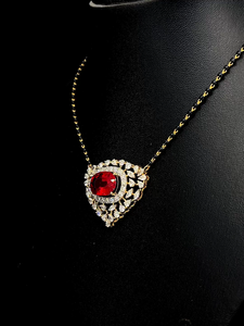 Modern oval <b>ruby</b> diamond halo <b>necklace</b> with floral marquise frame premium luxury jewelry for weddings and special occasions - Product Image 1