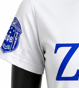 Elegant Casual Zeta Sorority 100% Cotton Tee Blue White Chenille Patch Greek Shirt with <b>Silver</b> Trim Embroidery Eco-Friendly - Product Image 4