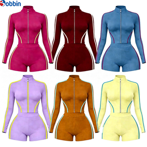 Conjunto Deportivo de 2 Piezas para Mujer, Estilo Hip Hop, Verano, Top de Manga Larga con Cierre, Pantalones Cortos, Color Sólido, Ajuste Deportivo, Spandex, Poliéster, Transpirable - Product Image 5