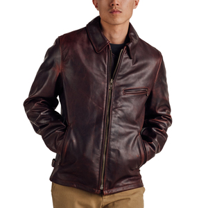 Veste moto en cuir véritable pour homme, marron foncé, fermeture éclair, col rabattu, coupe classique, pour l'automne - Product Image 1