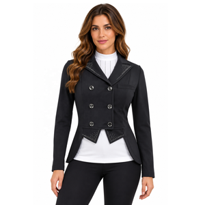 Chaqueta de equitación premium para mujer, negra, de doble botonadura, para competición, con adornos de diamantes de imitación y corte entallado. - Product Image 1