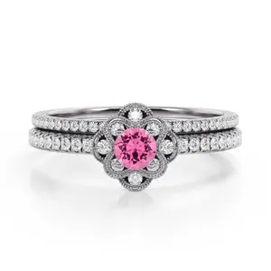 925纯银美丽实验室粉红色尖晶石周年戒指套装半宝石首饰批发商出厂价格