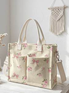 Sac fourre-tout côtelé à imprimé cœur avec poches avant, idéal pour le shopping quotidien et les voyages, sac de courses réutilisable - Product Image 5