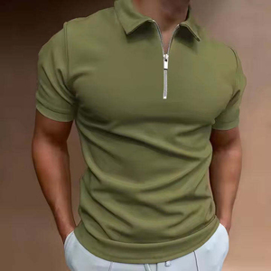 Polo à manches courtes pour homme, vert olive, avec fermeture éclair, tricoté, couleur unie, coupe classique - Product Image 1