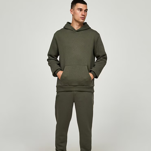 Men's Olive Green Hooded Fleece Sweatshirt And Pants <b>Set</b> Casual Autumn Wear <b>Knitted</b> Solid Color Track Suit - Product Image 2