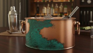 Seau à glace en cuivre de style antique avec patine verte et pelle en métal, parfait pour la décoration de comptoir de bar et les réceptions - Product Image 3