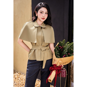 Blusa Elegante Color Caqui con Cuello Peter Pan y Cinturón de Tela a Juego para Mujer, Estilo Casual de Oficina para Otoño e Invierno, DARCY - Product Image 3