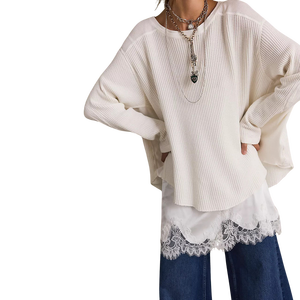 T-shirt thermique gaufré surdimensionné pour femme, en coton blanc uni, à épaules tombantes, manches longues, coupe ample, pour toutes les saisons - Product Image 1