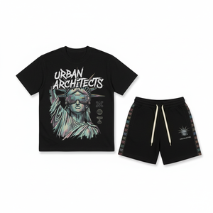 Ensemble T-shirt et short d'été pour homme, imprimé numérique personnalisé noir, 2 pièces, tricoté en mélange polyester/coton, séchage rapide, haute qualité, 300 GSM - Product Image 5