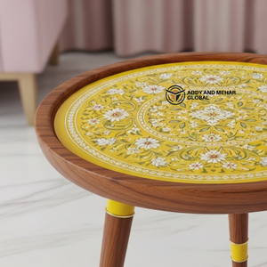 Modern Yellow Meena Design <b>Round</b> Wooden <b>Stool</b> – Artistic Home Decor Accent Furniture - Product Image 3