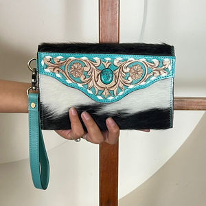 Hot Selling Wholesale Genuine Cowhide Fur Leather Clutch Luxury Turquoise Concho Hand Tooled Floral <b>Wristlet</b> Purses For Women's - Product Image 4