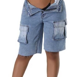 Shorts de Mezclilla Cargo de Cintura Alta para Mujer, Estilo Casual de Verano, Desgastados, con Dobladillo Deshilachado, Estilo Utilitario, Azules, Impermeables, Resistentes al Viento, de Secado Rápido - Product Image 4