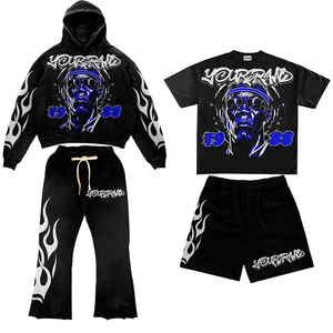 Ensemble de survêtement unisexe personnalisé style gothique Y2K avec sweat à capuche et pantalon large imprimé flamme tribale et masque, tenue streetwear deux pièces - Product Image 2