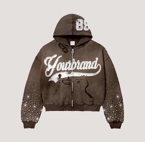 Sudadera con capucha y cremallera Yourbrand para hombre, estilo oversize, streetwear, estampado serigrafiado, efecto desgastado con pedrería, algodón, felpa francesa. - Product Image 4