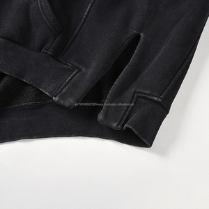 Bulk Custom 500gsm high weight <b>men</b> plain blank distressed all <b>black</b> washed oversized hoodie with silt side - Product Image 4