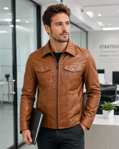 Veste en cuir marron vintage pour homme avec fermeture éclair sur le devant, col chemise, poches à rabat boutonnées et coupe décontractée classique - Product Image 6