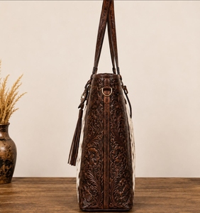 Hot selling Latest Cowhide Leather Hand Tooling Carving Handbag Tote Bag Light Brown Pattern Hide Tote with Leather Tooled Bag - Product Image 2