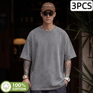 เสื้อยืดโอเวอร์ไซส์ผู้ชาย ผ้าฝ้ายฟอกสีพื้น แขนสั้น คอกลม ดีไซน์เรียบง่าย ระบายอากาศได้ดี ไม่หดตัว ผ้าเจอร์ซีย์ 220 กรัม ทรงพอดีตัว - Product Image 3